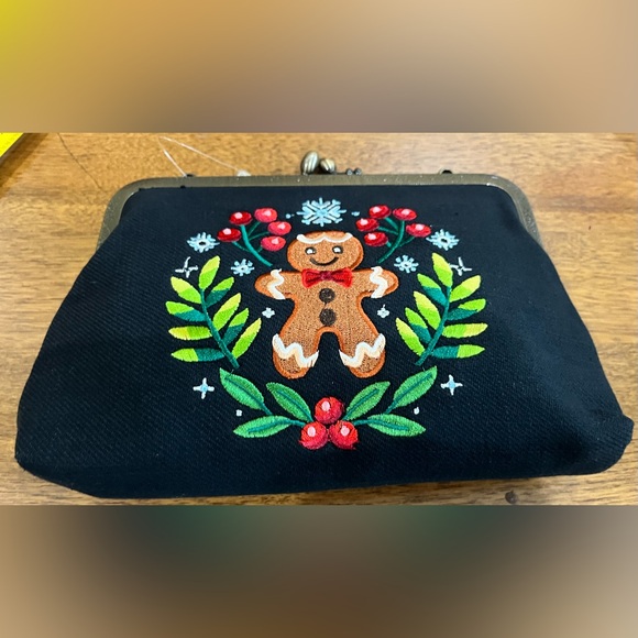 Festive Holiday Clutch/Crossbody or Wristlet with Gingerbread Embroidered Design